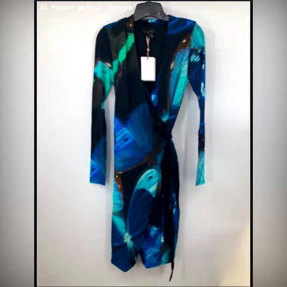 Ted Baker Butterfly Collective blue print wrap Dress .size 3 - Picture 1 of 8